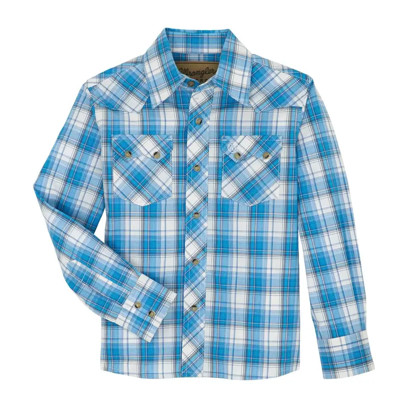 Boys Turquoise Plaid Wrangler Retro Snap Shirt 1