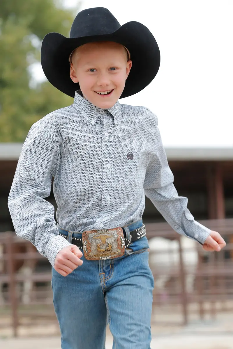 Boys White Print Cinch Long Sleeve Shirt 1