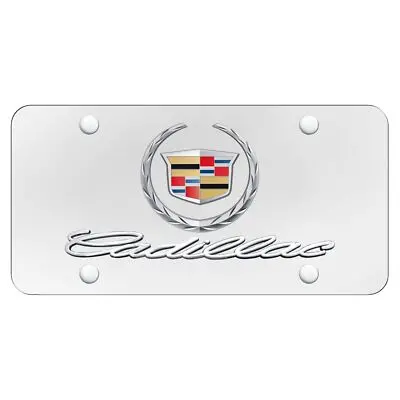 Cadilac Dual Logo License Plate (Chrome On White) 1
