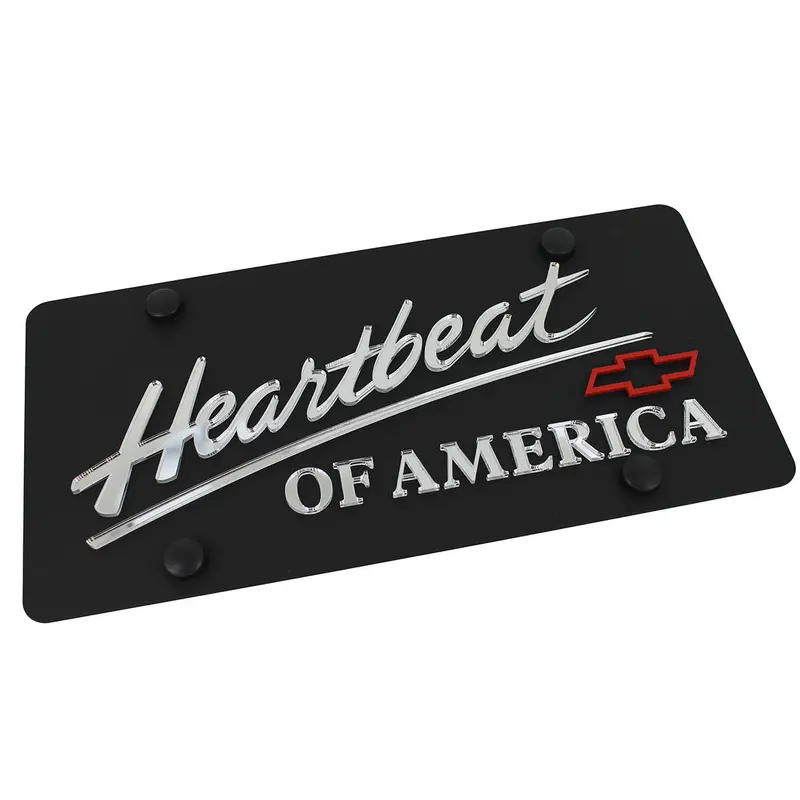 Chevy Bowtie Dual Logo Heartbeat Of America Words License Plate (Red On Black) 1