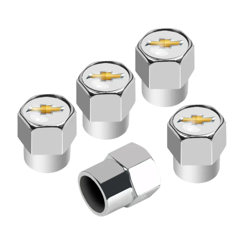 Chevy Bowtie Logo Tire Stem Valve Caps Set (Gold On Chrome) 1