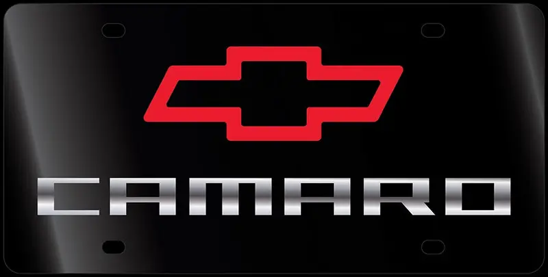 Chevy Camaro Red Bowtie Dual Logo License Plate (Black) 1