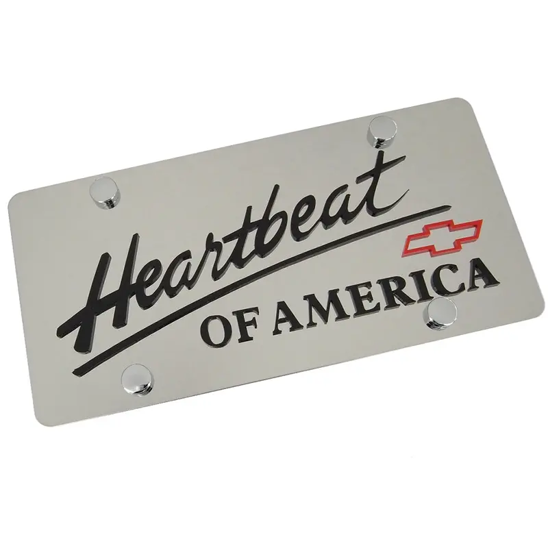 Chevy Heartbeat Of America Words With Bowtie Dual Logo License Plate (Red On Chrome) 1