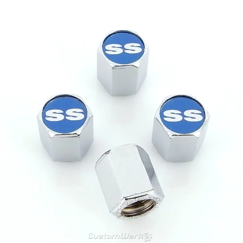 Chevy Ss Logo Tire Stem Valve Caps (Chrome On Blue) 1