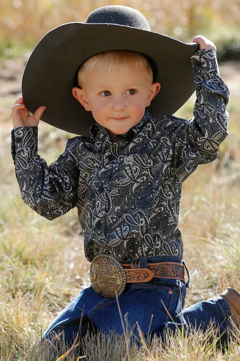 Cinch Boy's Blue And Black Paisley Button Down Western Shirt-Match Dad 1