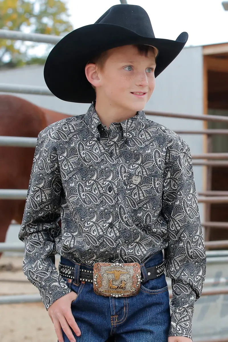 Cinch Boy's Blue And Black Paisley Button Down Western Shirt-Match Dad 2