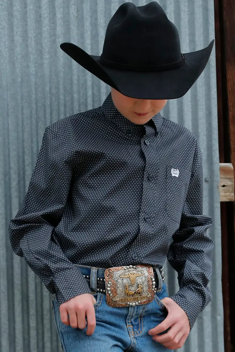 Cinch Boy's Blue Geometric Print Button Down Western Shirt-Match Dad 1