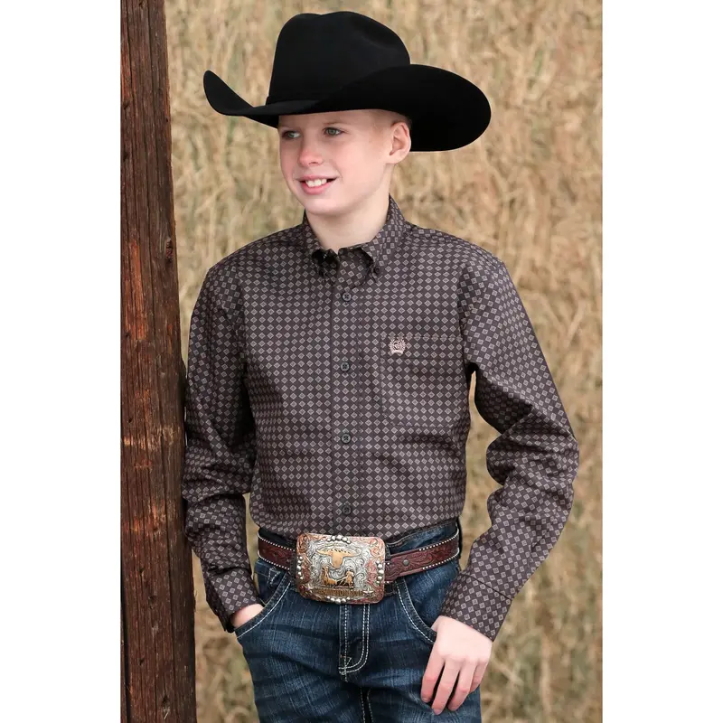Cinch Boy's Brown Diamond Print Western Shirt 1