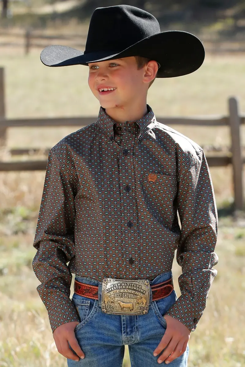 Cinch Boy's Brown Geometric Button Down Shirt 1
