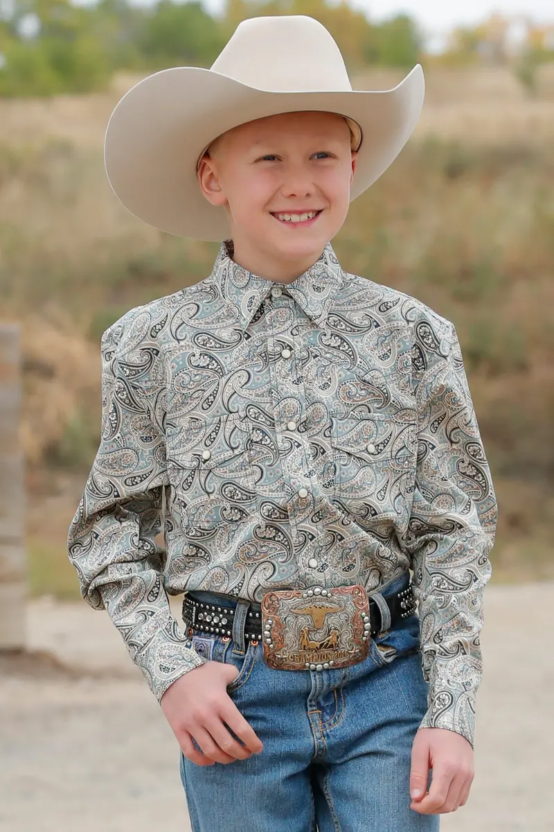 Cinch Boy's Green Paisley Print Button Down Shirt 1
