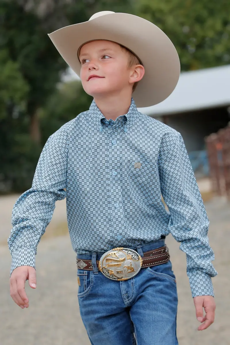 Cinch Boy's Light Blue Geometric Print Button Down Western Shirt 1