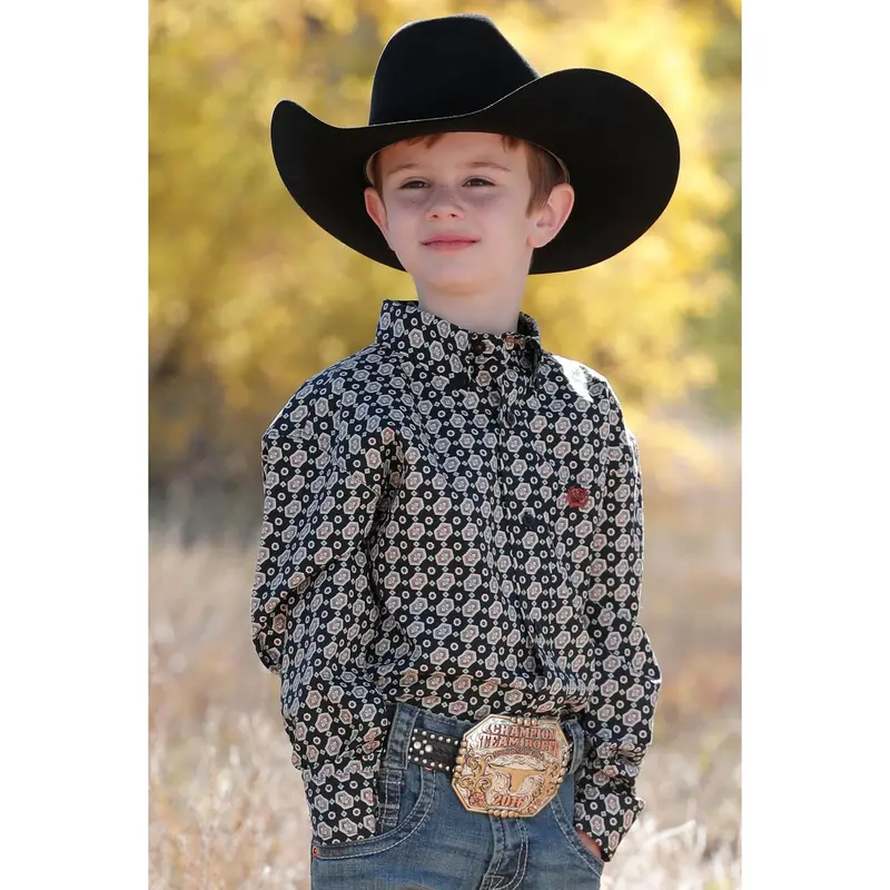 Cinch Boy's Match Dad Black And Khaki Medallion Print Western Shirt 1