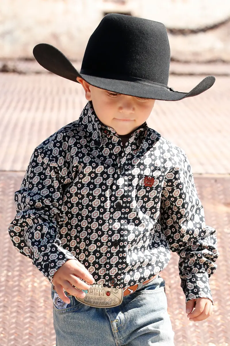 Cinch Boy's Match Dad Black And Khaki Medallion Print Western Shirt 2