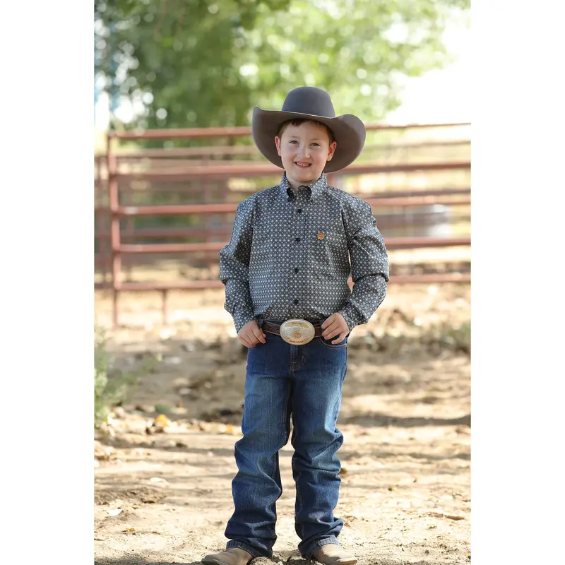Cinch Boy's Match Dad Navy And Gold Medallion Button Down Western Shirt 1