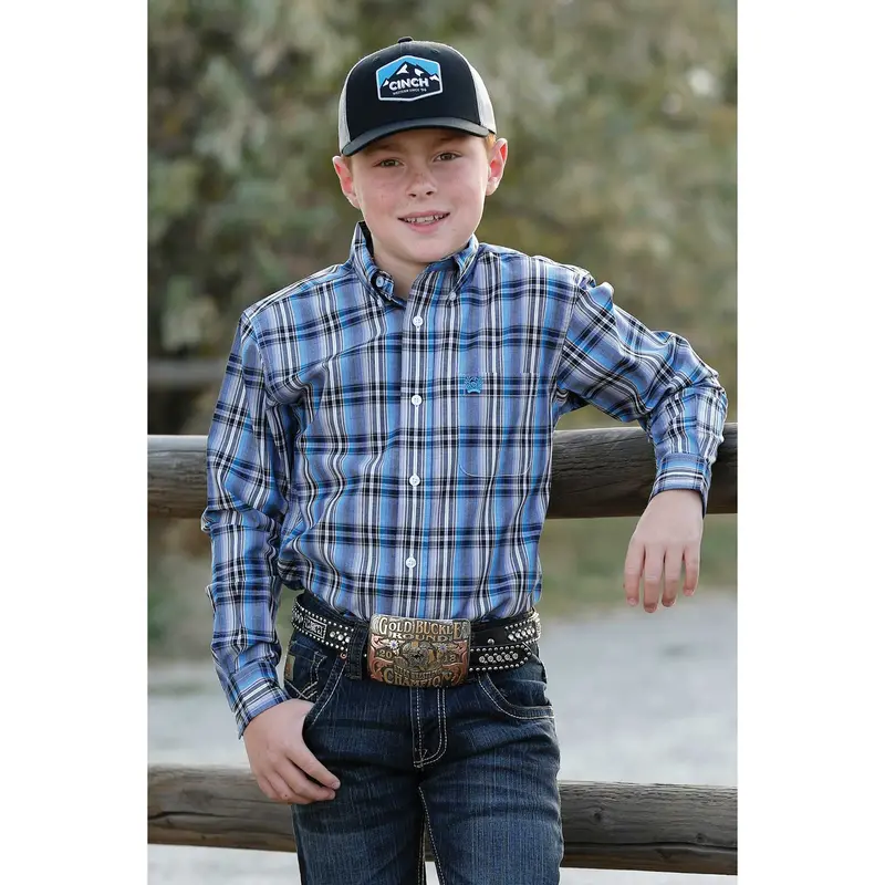 Cinch Boy's Match Dad Royal, Black And Gray Plaid Button Down Shirt 1