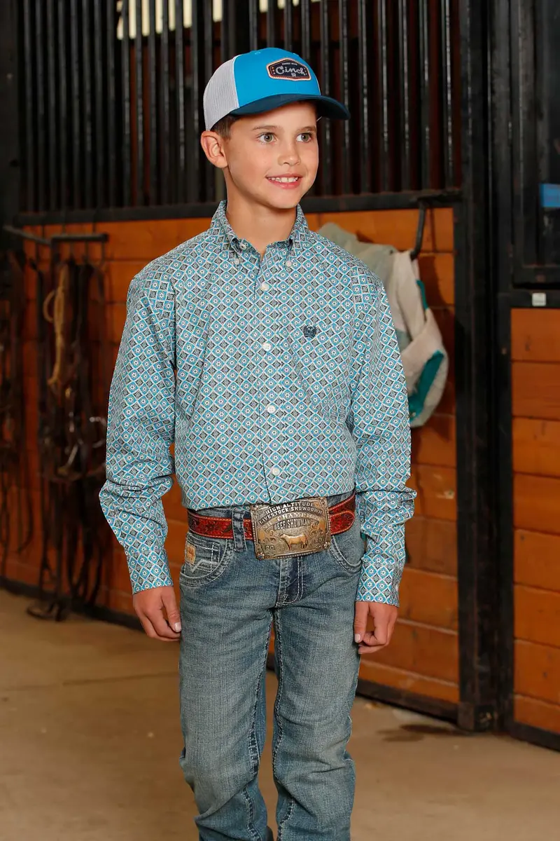 Cinch Kid's Blue Geometric Match Dad Button Down Shirt 1