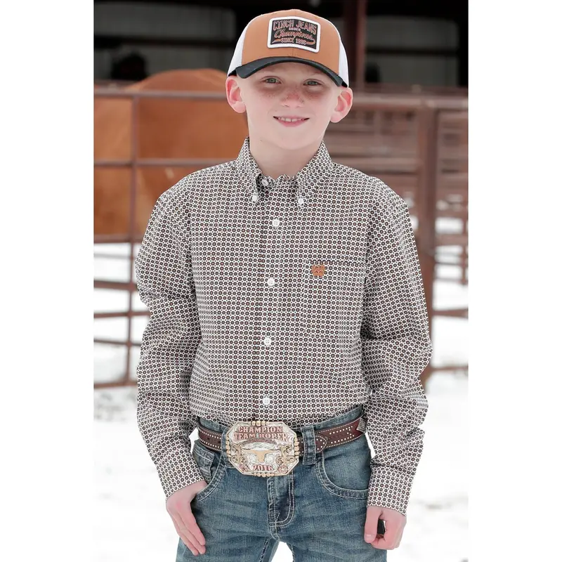 Cinch Kid's Gold And White Geometric Print Western Shirt 1