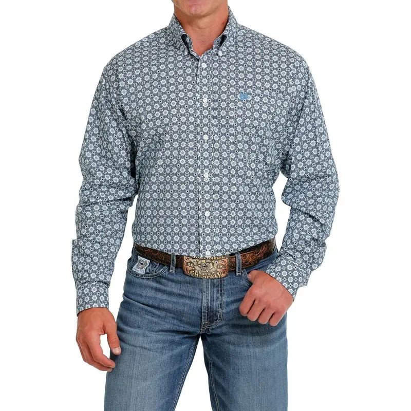 Cinch Men's Blue Geometric Print Button Down Western Shirt 1