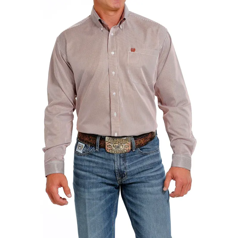 Cinch Men's Brown And White Stripe Tencel Button Down Western Shirt 1