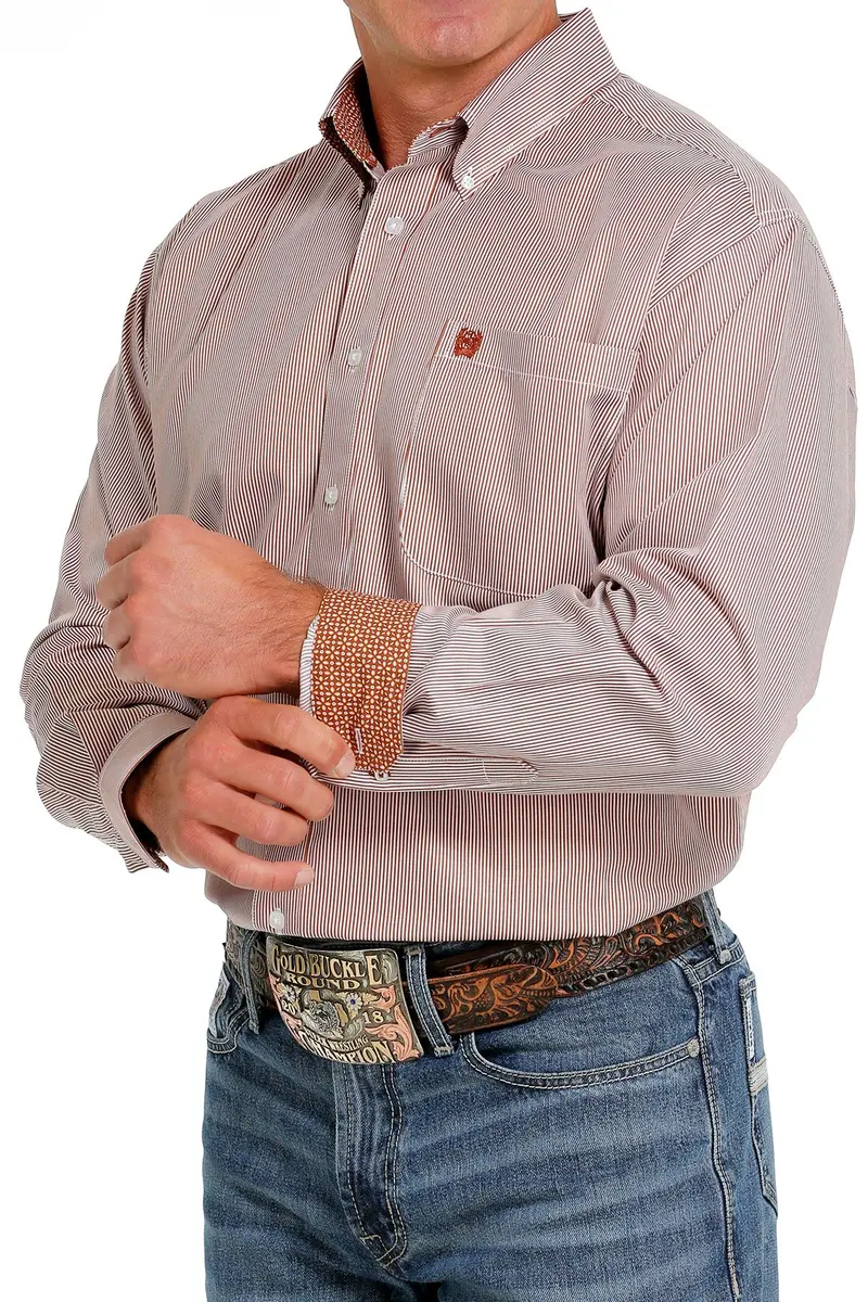 Cinch Men's Brown And White Stripe Tencel Button Down Western Shirt 2