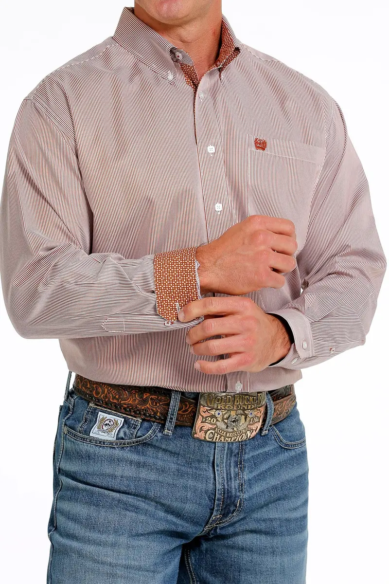 Cinch Men's Brown And White Stripe Tencel Button Down Western Shirt 3