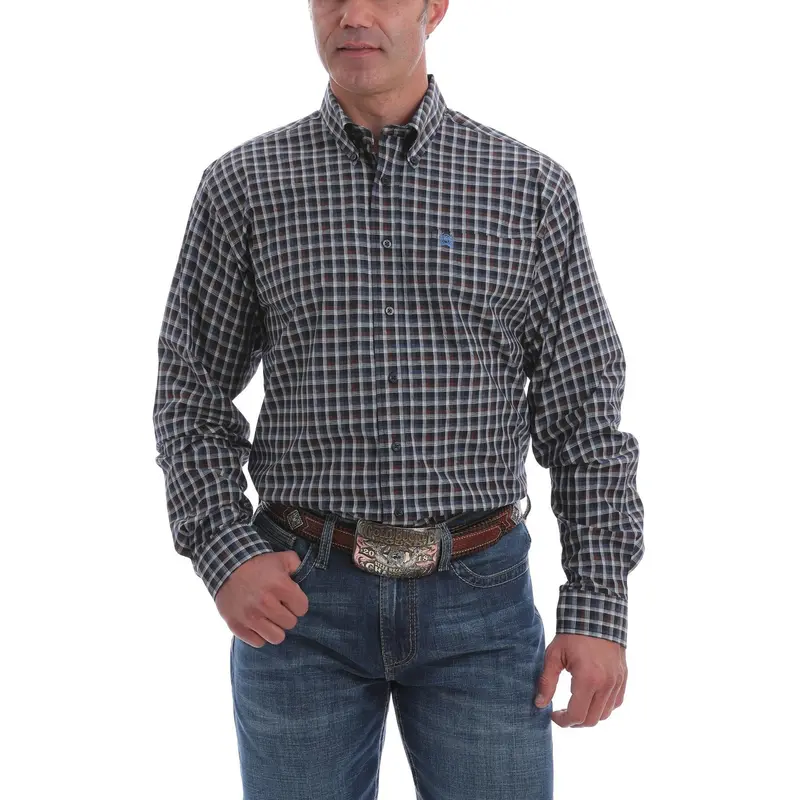 Cinch Men's Button-Down Western Shirt-Navy, White And Brown 1