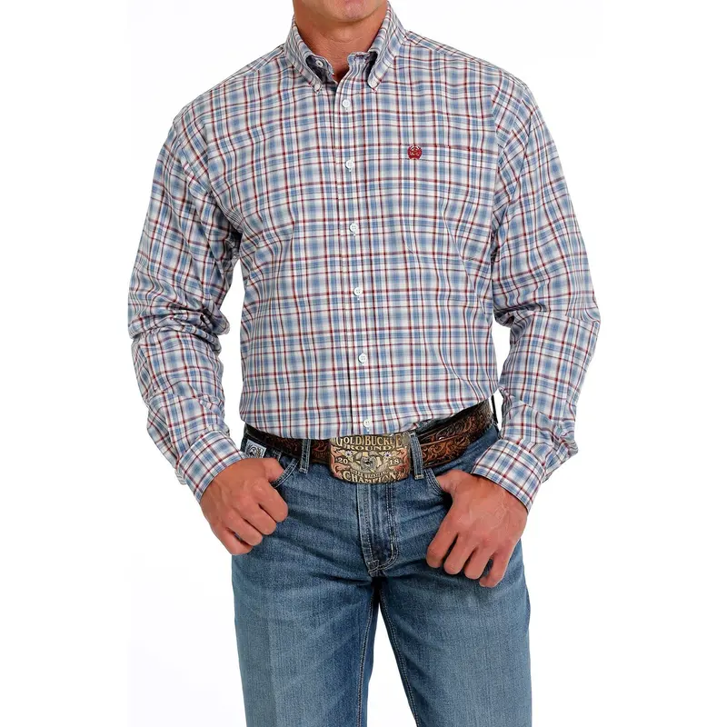 Cinch Men's Cream And Blue Plaid Button Down Western Shirt 1