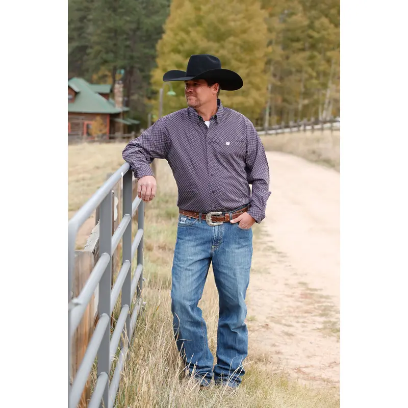 Cinch Men's Purple And White Geometric Button Down Western Shirt 1