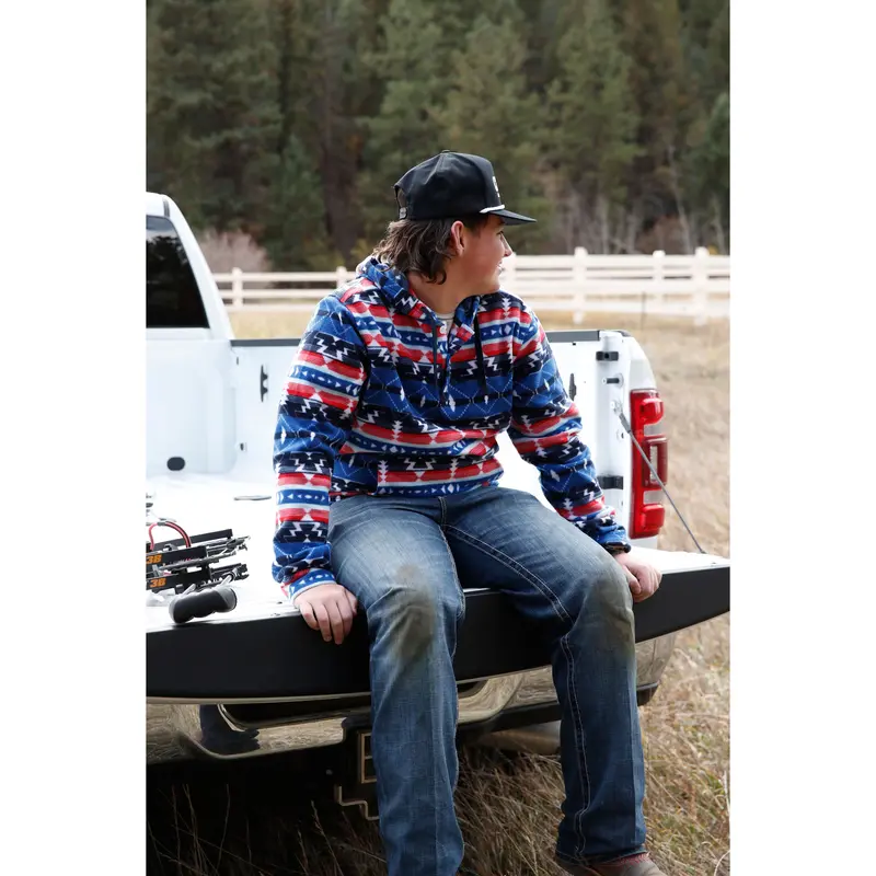 Cinch Men's Red And Blue Southwestern Polar Fleece Hoodie 1