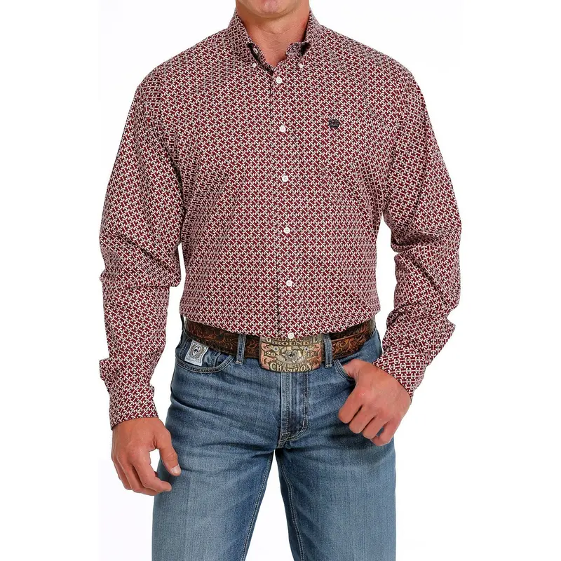 Cinch Men's Red And White Geometric Button Down Western Shirt 1