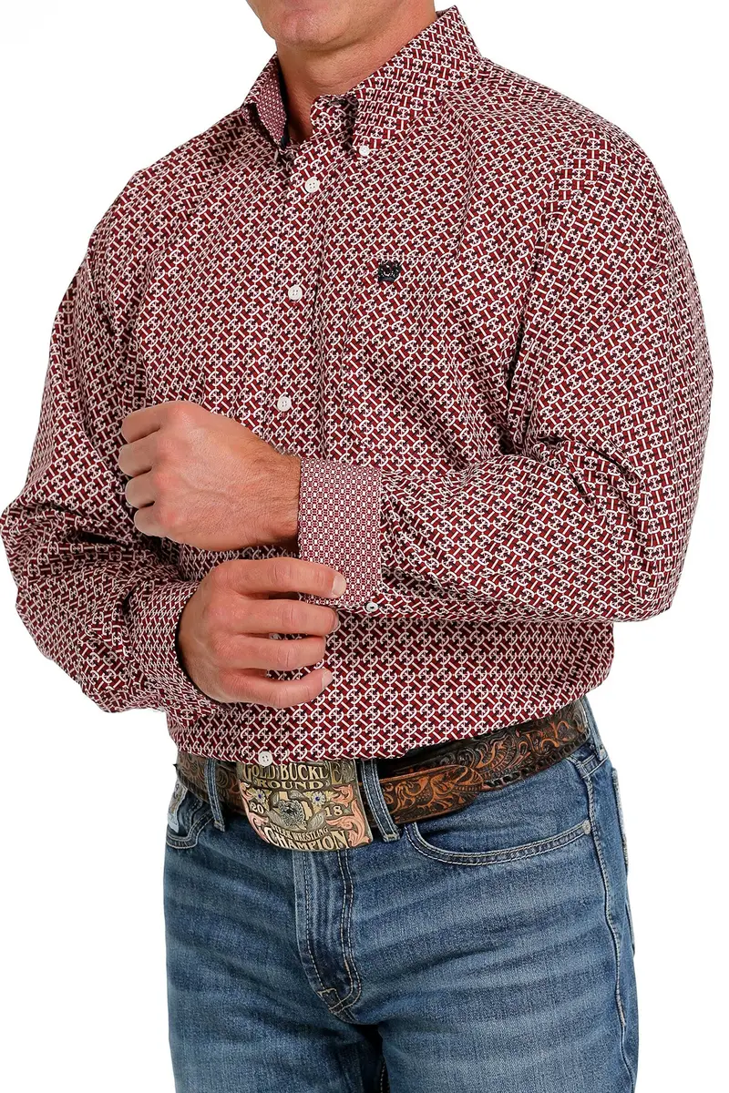 Cinch Men's Red And White Geometric Button Down Western Shirt 2