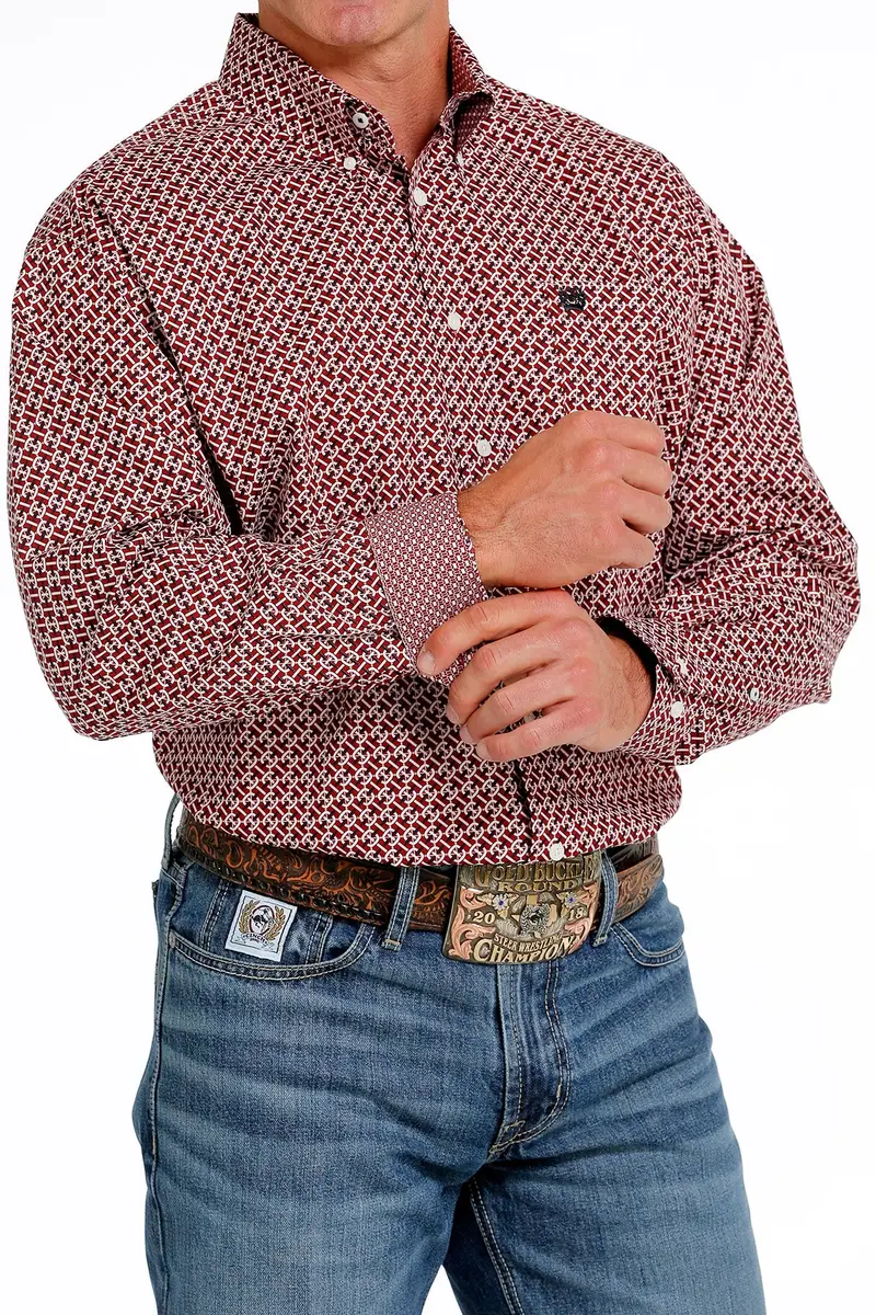 Cinch Men's Red And White Geometric Button Down Western Shirt 3