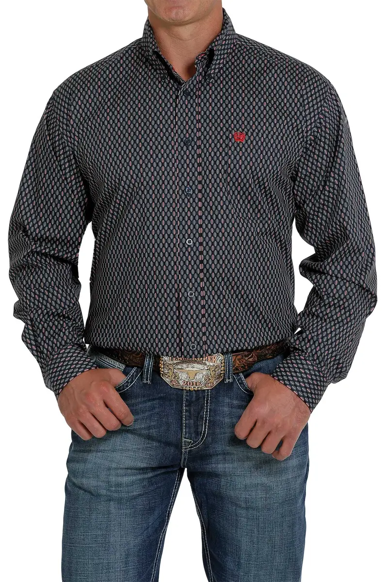 Cinch Men's Sporty Print Stretch Button Down Shirt-Dress Blue 2