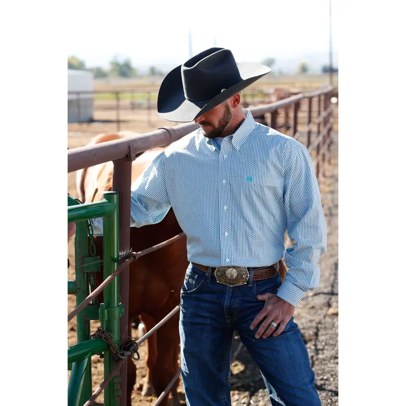 Cinch Men's Stretch Turquoise And White Geometric Button Down Shirt 1