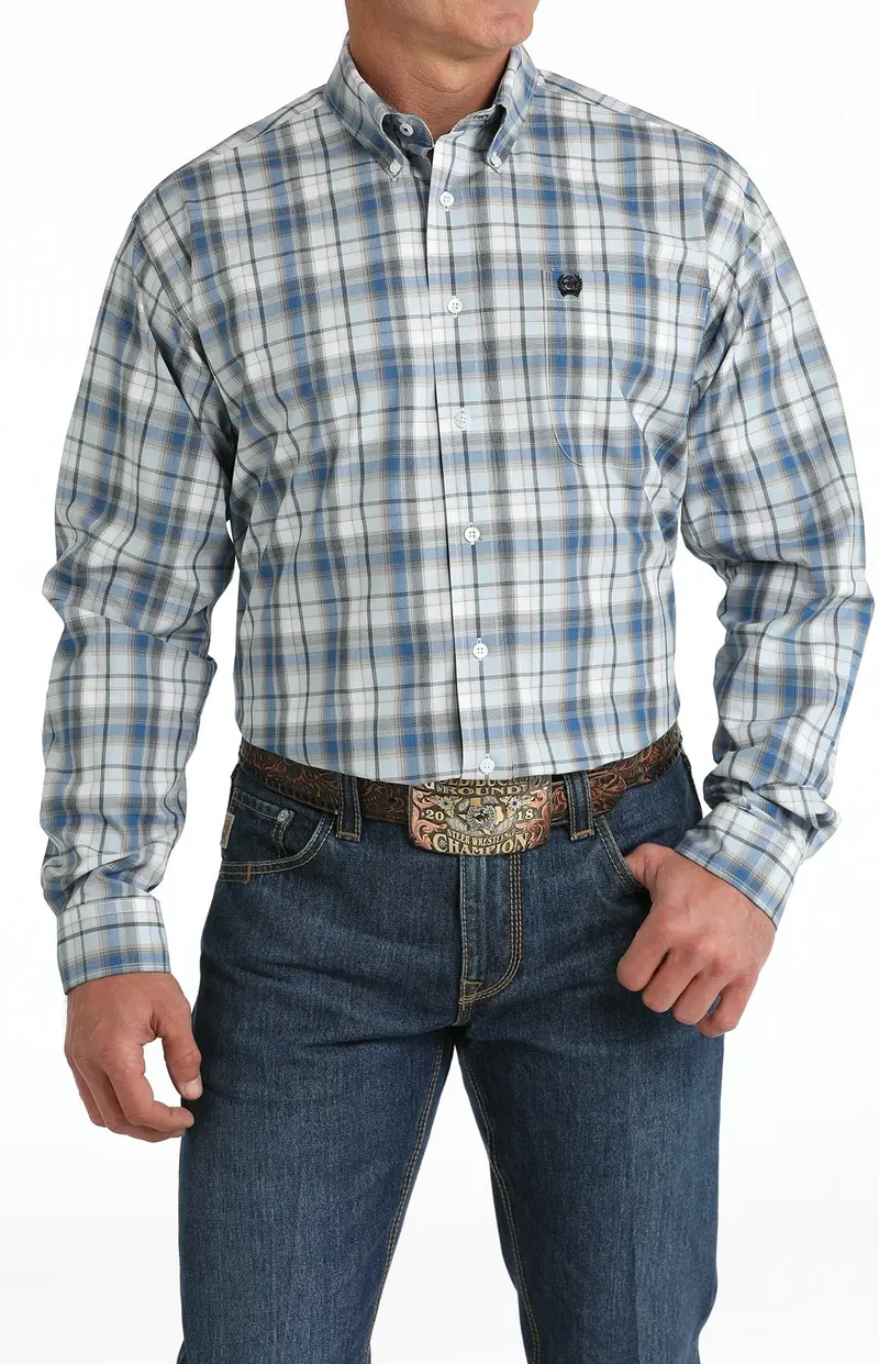 Cinch Men's White And Blue Plaid Button Down Shirt 1