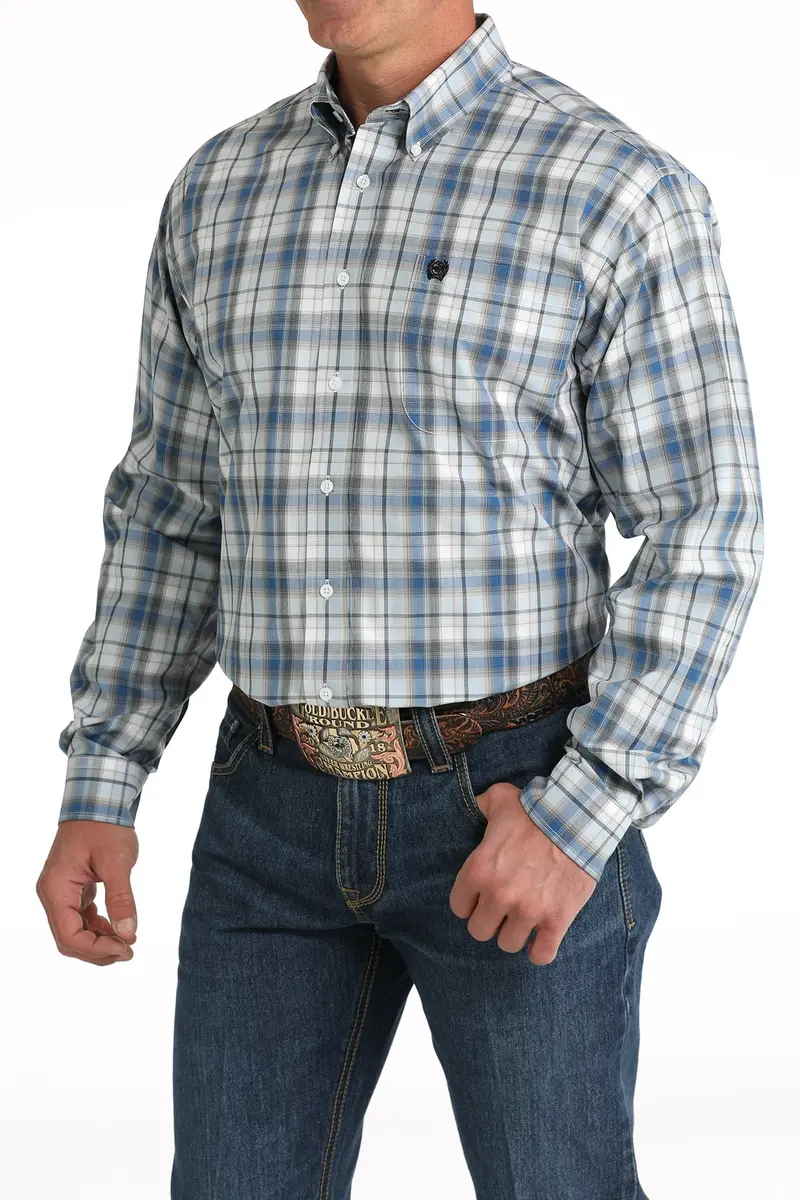 Cinch Men's White And Blue Plaid Button Down Shirt 2