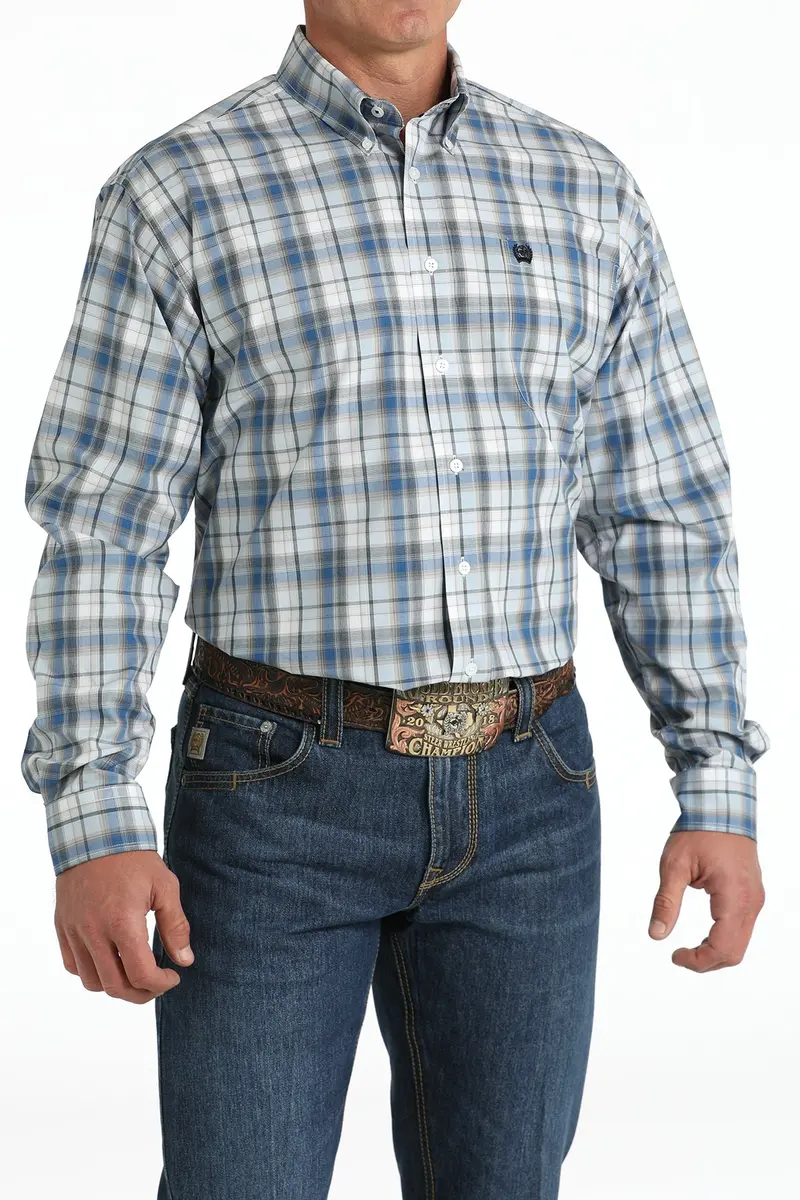 Cinch Men's White And Blue Plaid Button Down Shirt 3