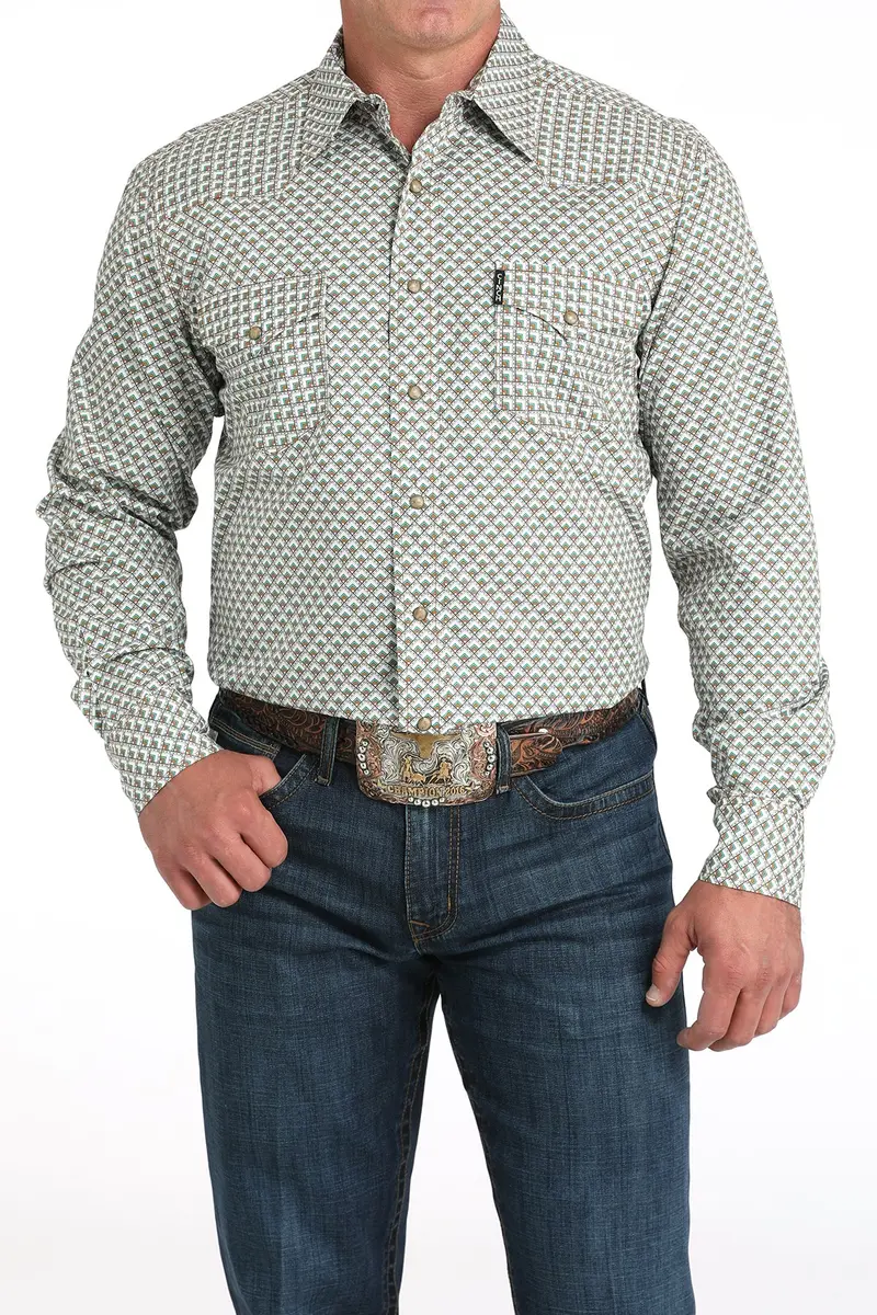 Cinch Men's White Geometric Print Modern Fit Snap Down Shirt 1
