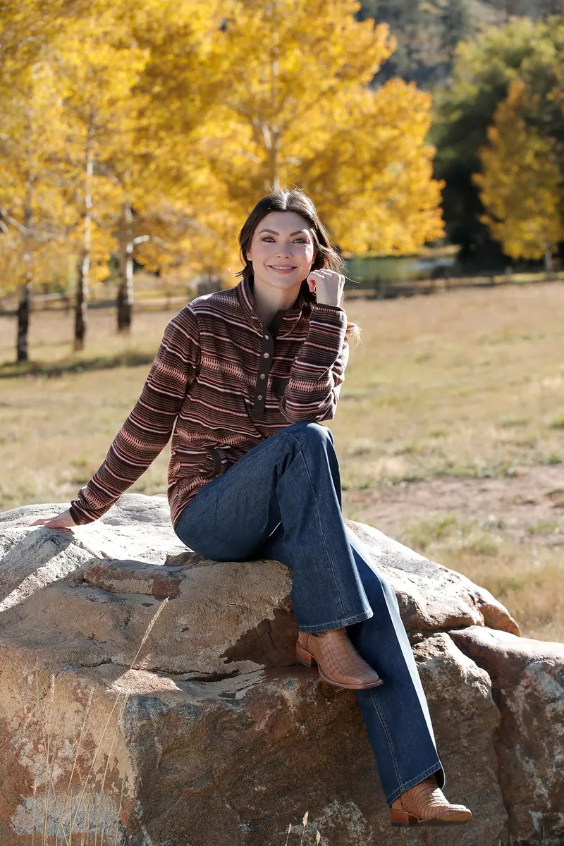 Cinch Women's Brown And Coral Striped Fleece Pullover 1