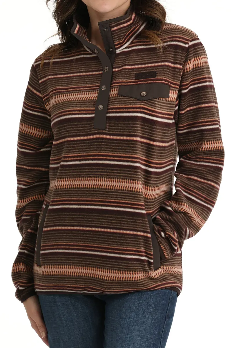 Cinch Women's Brown And Coral Striped Fleece Pullover 2