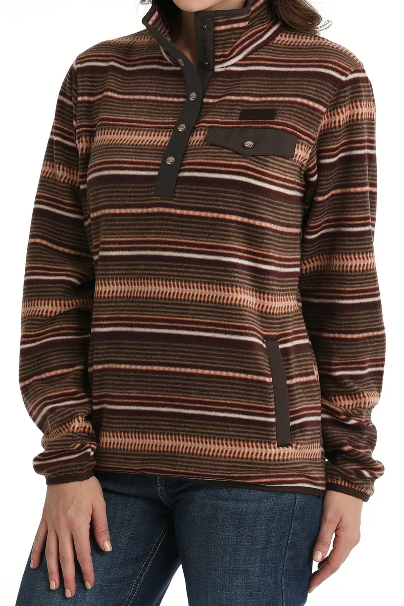 Cinch Women's Brown And Coral Striped Fleece Pullover 3