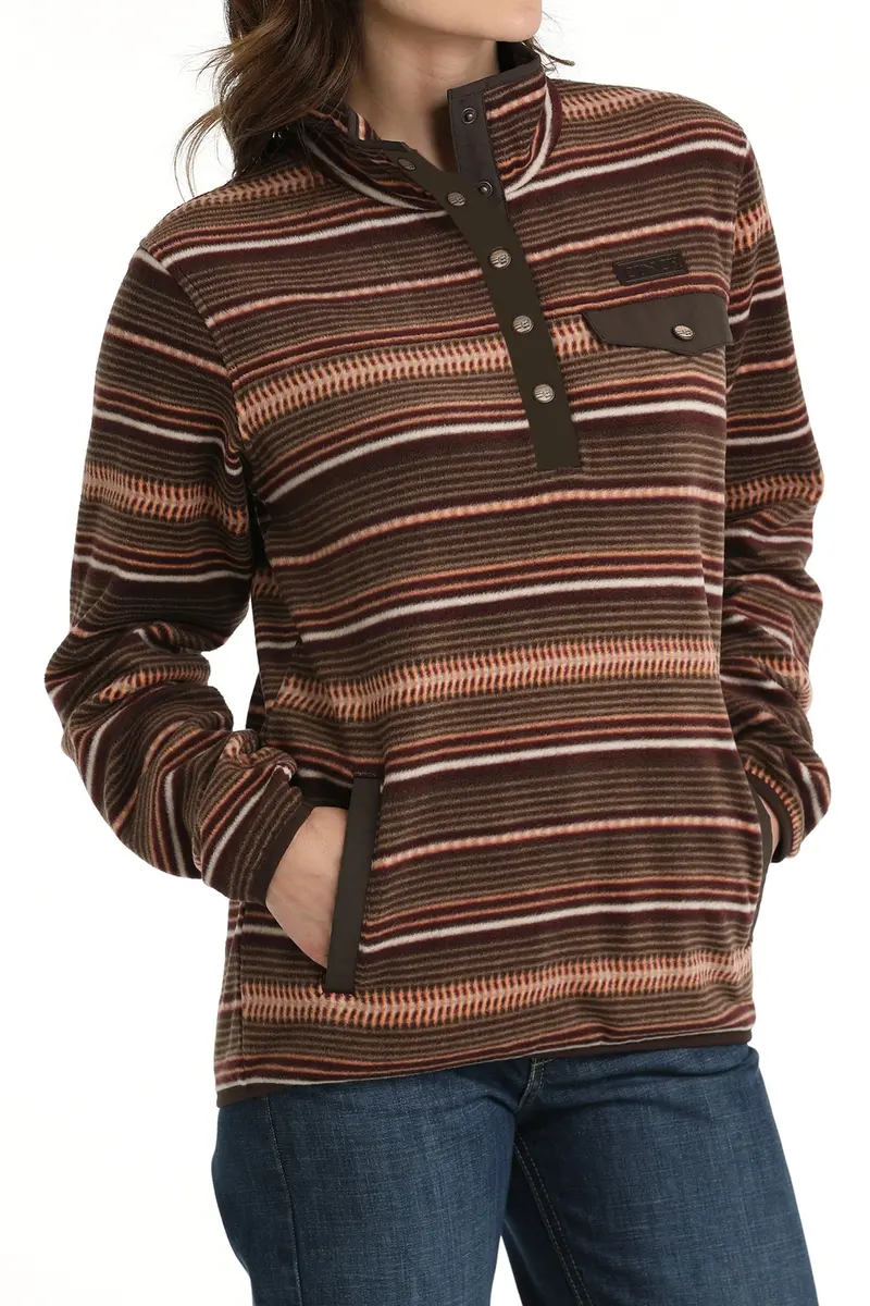 Cinch Women's Brown And Coral Striped Fleece Pullover 4