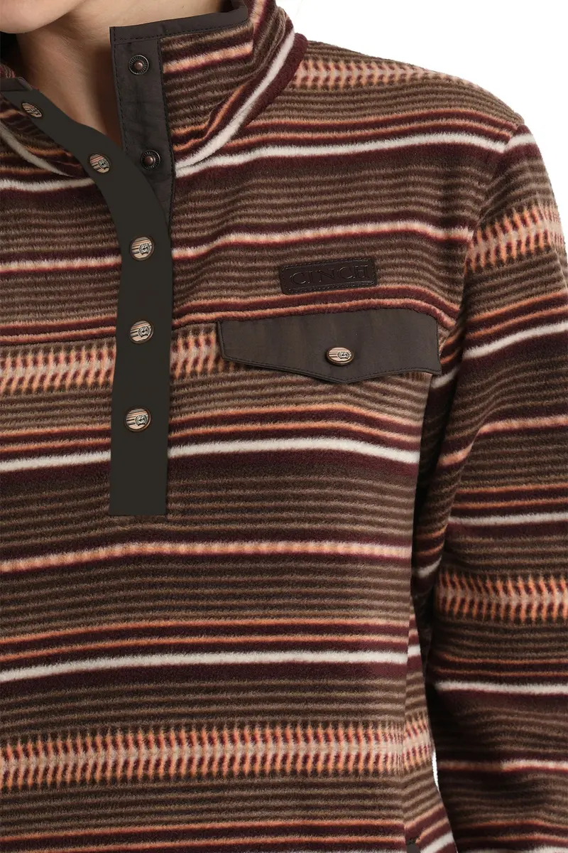 Cinch Women's Brown And Coral Striped Fleece Pullover 6