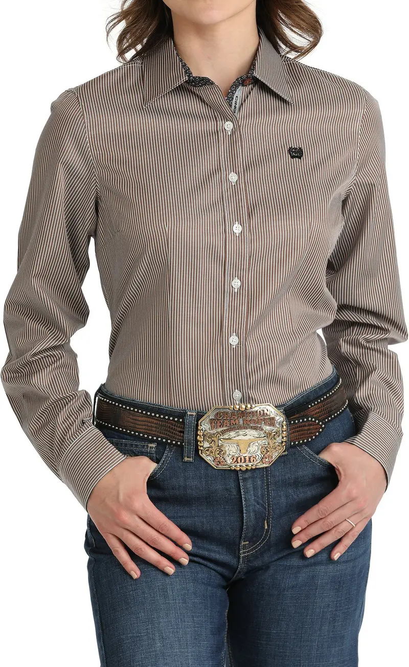 Cinch Women's Brown And Navy Stripe Button Down Shirt 1