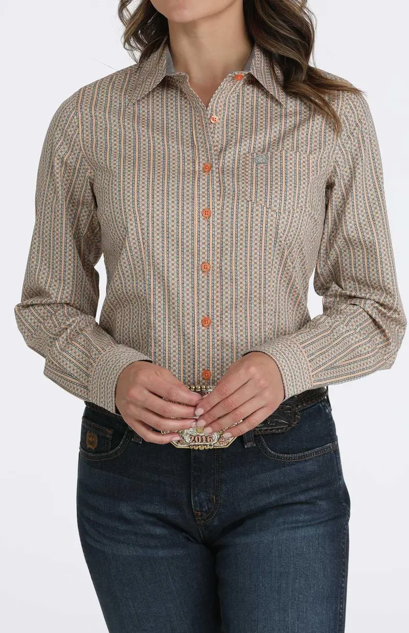 Cinch Women's Orange And Gray Geometric Print Button Down Shirt 1