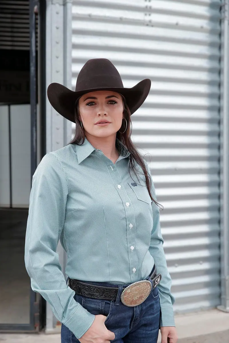 Cinch Women's Teal Stripe Button Down Shirt 1