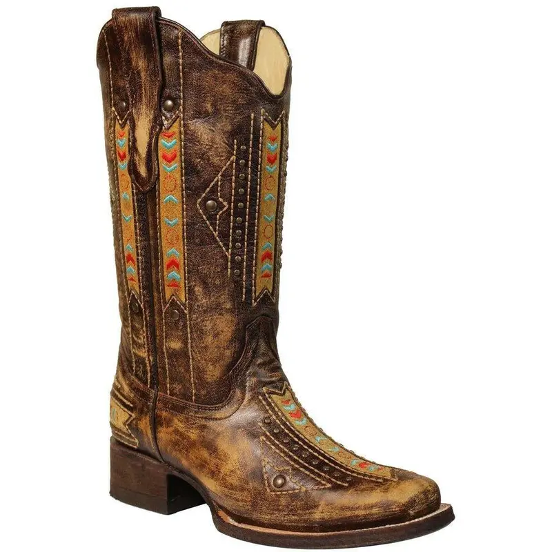 Corral Boots Cognac Ethnic Embroidery & Inlay With Stud Boots E1185 1