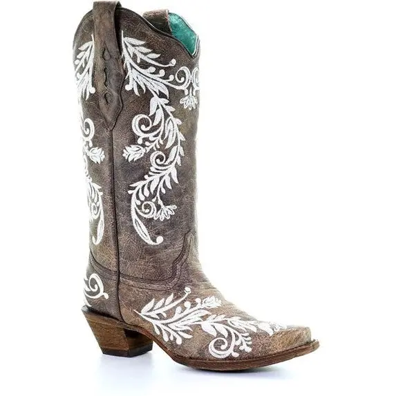Corral Women's Brown And White Embroidery Boot 1