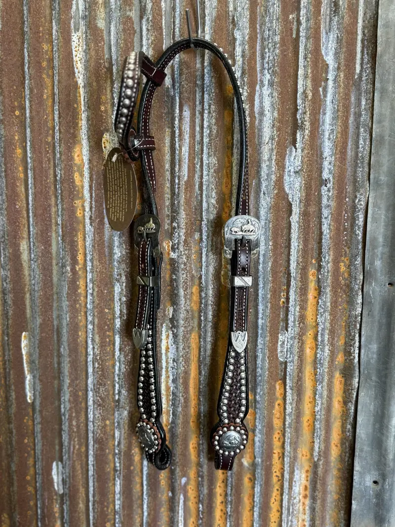 Cowperson Tack Dark Oiled Dotted One Ear Headstall-Cutting Horse Buckle And Concho Set 1