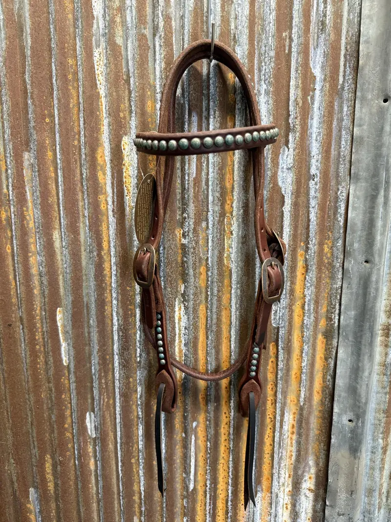 Cowperson Tack Dark Oiled Double Buckle Cowboy Browband Headstall-Turquoise Patina 1